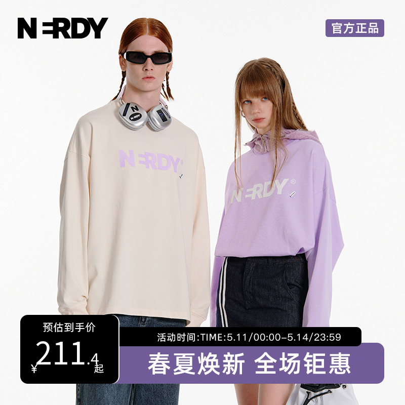 NERDY2023早秋新品多巴胺糖果色情侣宽松休闲长袖T恤女上衣简约潮