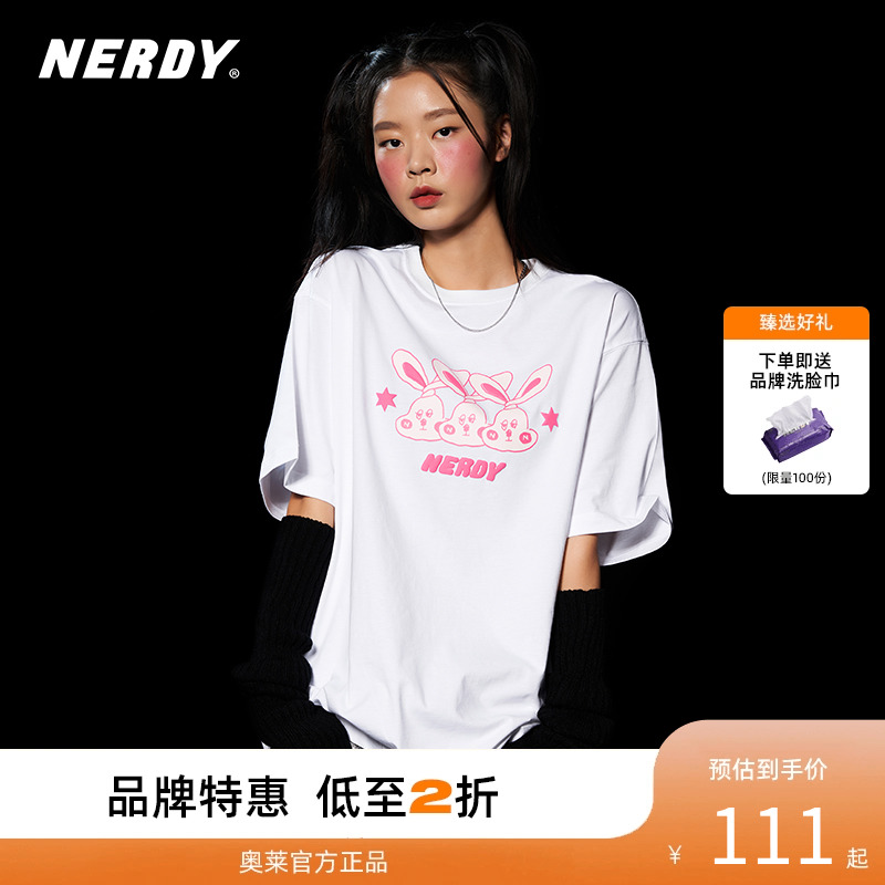 NERDY2023夏季新款兔子图案宽松休闲情侣短袖T恤女时尚宽松上衣潮