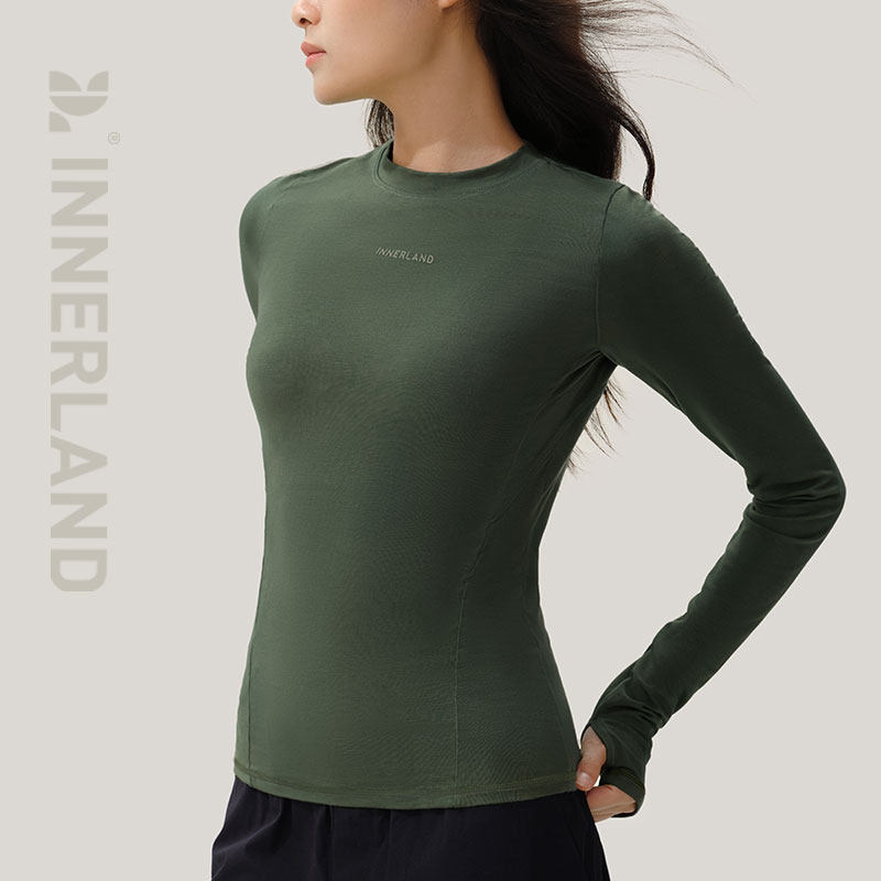 INNERLAND羊毛圆领修身长袖运动T恤百搭内搭打底衫女款秋冬紧身款