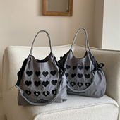 日系ball chain刺绣爱心型环保购物袋斜挎帆布包大容量单肩通勤包