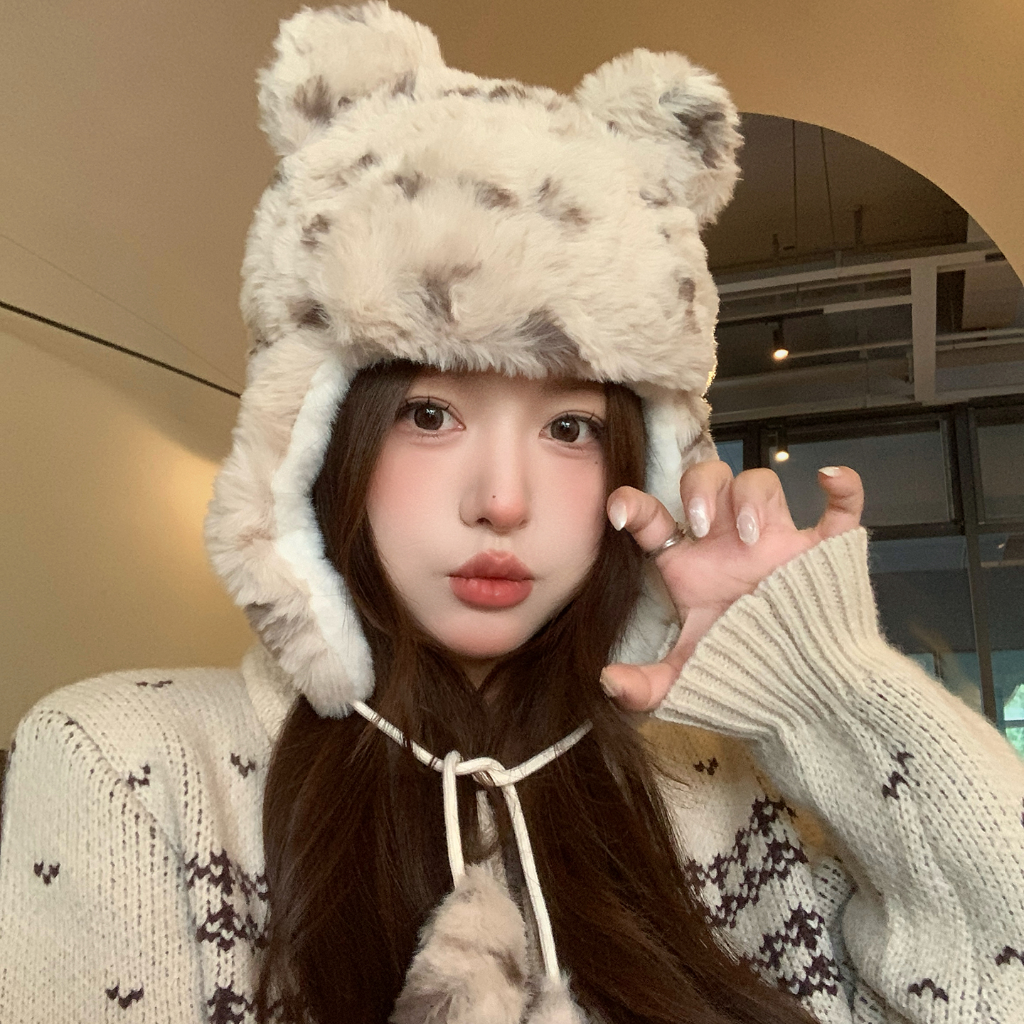 可爱豹纹小熊帽子冬季加厚保暖帽