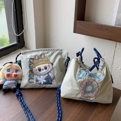 2025日系新款拉链腰包刺绣购物袋甜甜圈百搭大容量环保手提斜挎包