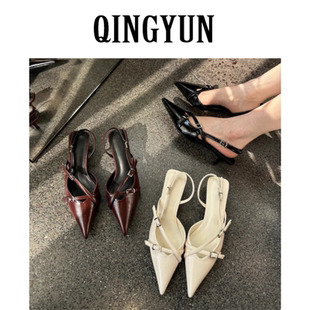 女鞋 包头凉鞋 子2025新款 夏季 小众法式 气质名媛尖头单鞋 黑色高跟鞋
