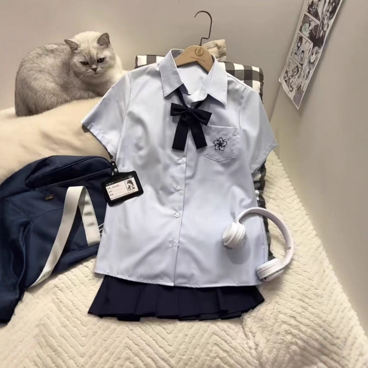 日系简约刺绣制服原创jk基础衬衫短袖学院jk夏季百搭百褶裙套装女