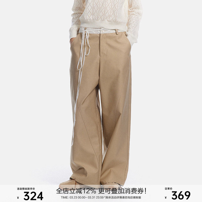 SEGI秋冬新款原创卡其色蕾丝拼接西装天丝阔腿裤女休闲宽松裤子