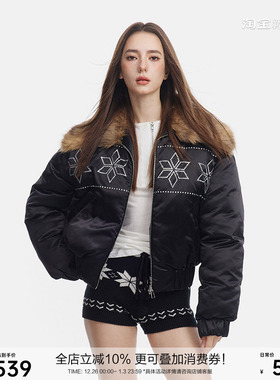 SEGI 冬季新款费尔岛纹样水钻烫钻可拆卸毛领棉服女加厚棉袄外套