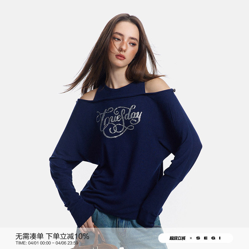 SEGI 原创设计新款两穿藏蓝色针织蝙蝠袖内搭女修身百搭上衣外套