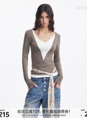 SEGI 原创设计秋冬新款拼接v领针织衫上衣女+定制佩斯利花纹丝带