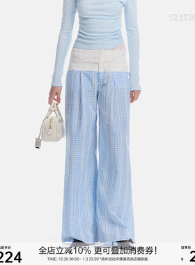 SEGI 原创设计春季新款蓝色拼接条纹长款直筒裤女宽松慵懒休闲裤