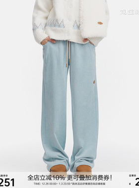 SEGI 冬季新款蓝色泡泡灯芯绒垂感长裤女宽松休闲运动阔腿裤