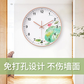 荷塘创意挂钟荷花荷叶彩绘钟表书房简约风时尚 卧室静音挂墙钟清新