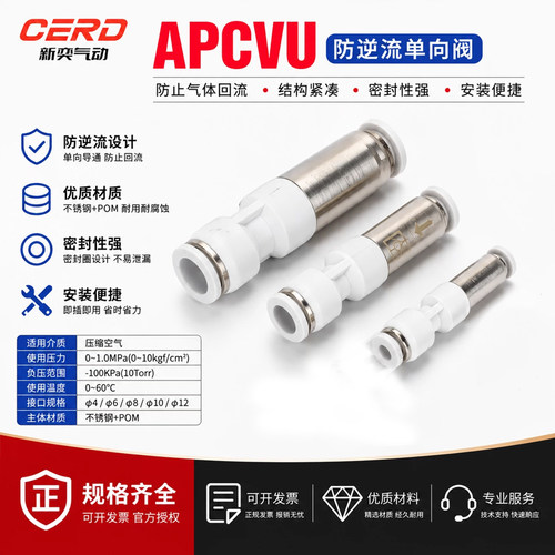 新奕气动管型单向阀直通式快插防逆流止回阀接头APCVU4/6/8/10/12