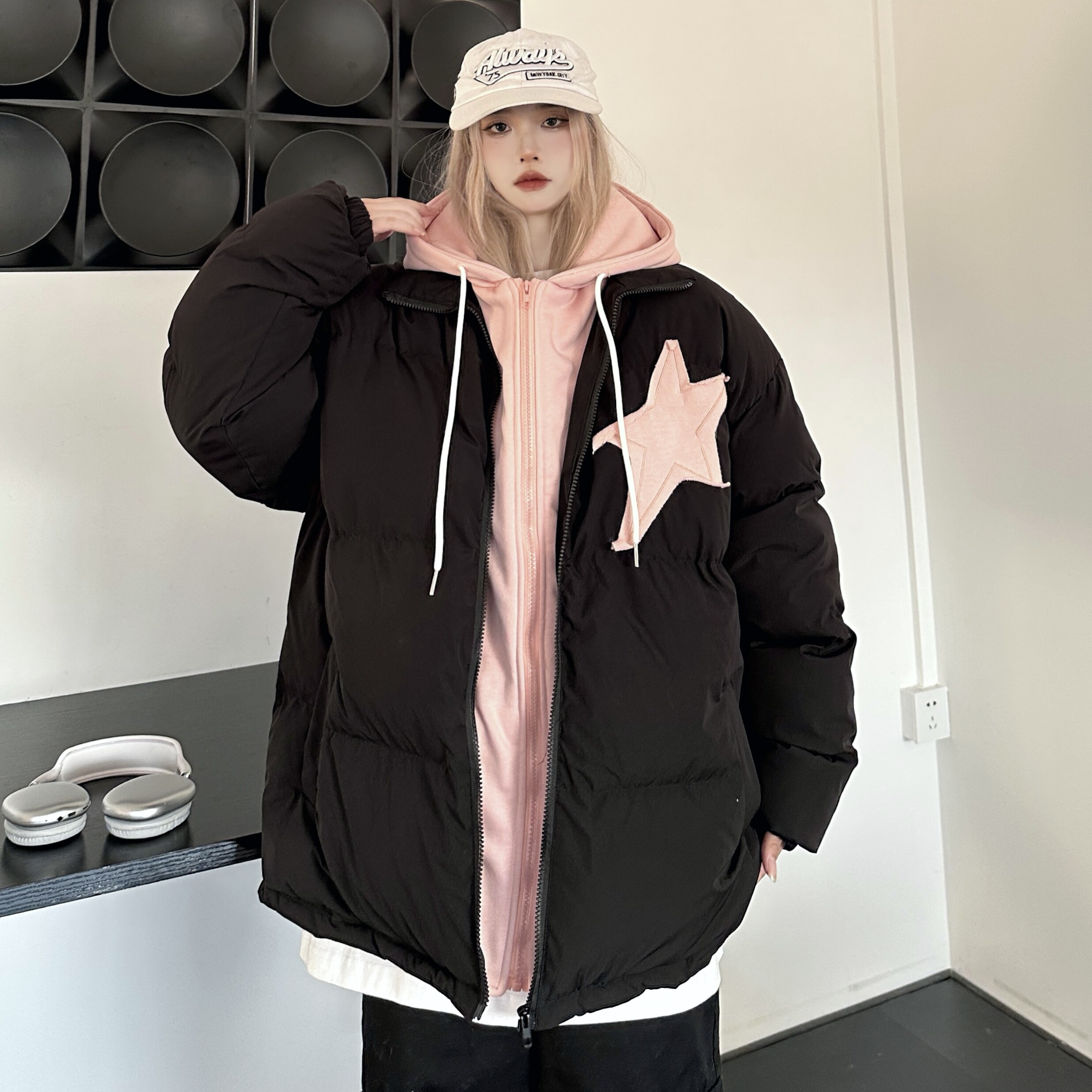 星星贴布甜美学院风假两件连帽羽棉衣/棉服