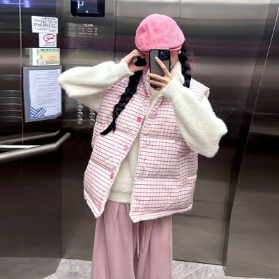 格纹小个子羊羔毛马甲女款2025新款外套春季叠穿加绒保暖背心外穿