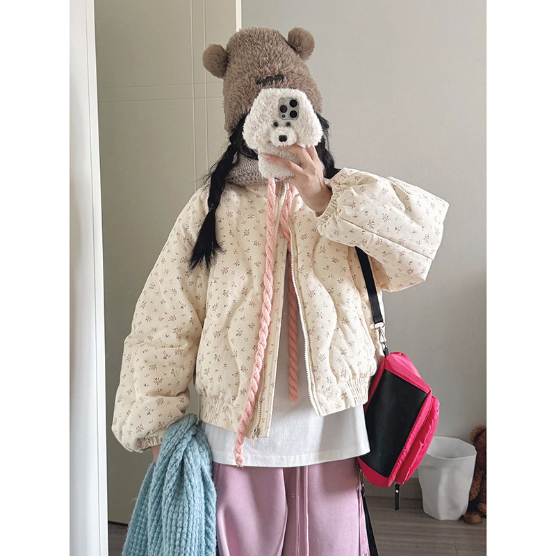 小碎花羽绒棉服女短款2024新款冬季小个子加厚面包服韩系棉袄外套