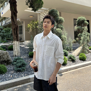 镂空口袋薄款 新款 白亚麻防晒长袖 男夏季 简约休闲 衬衫 马克斯星球