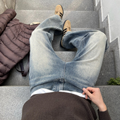 韩系简约宽松休闲百搭 男秋冬新款 马克斯星球 复古水洗直筒牛仔裤