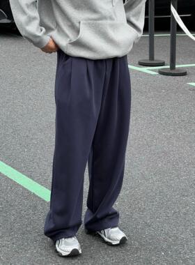 马克斯星球 春夏新款韩版蓝色直筒运动裤男简约休闲宽松百搭长裤