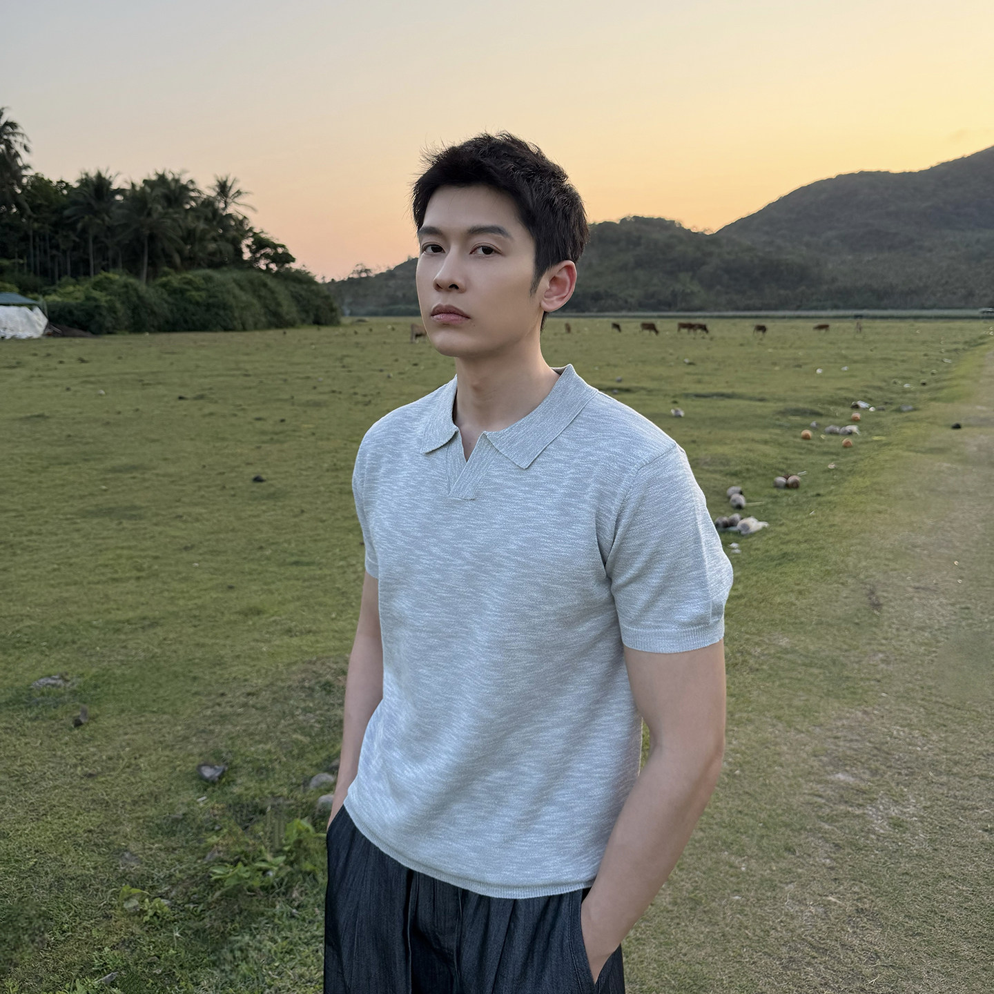 马克斯星球 老钱风海鸥领翻领纯色薄款冰丝针织短袖男夏季新款 - 实物图