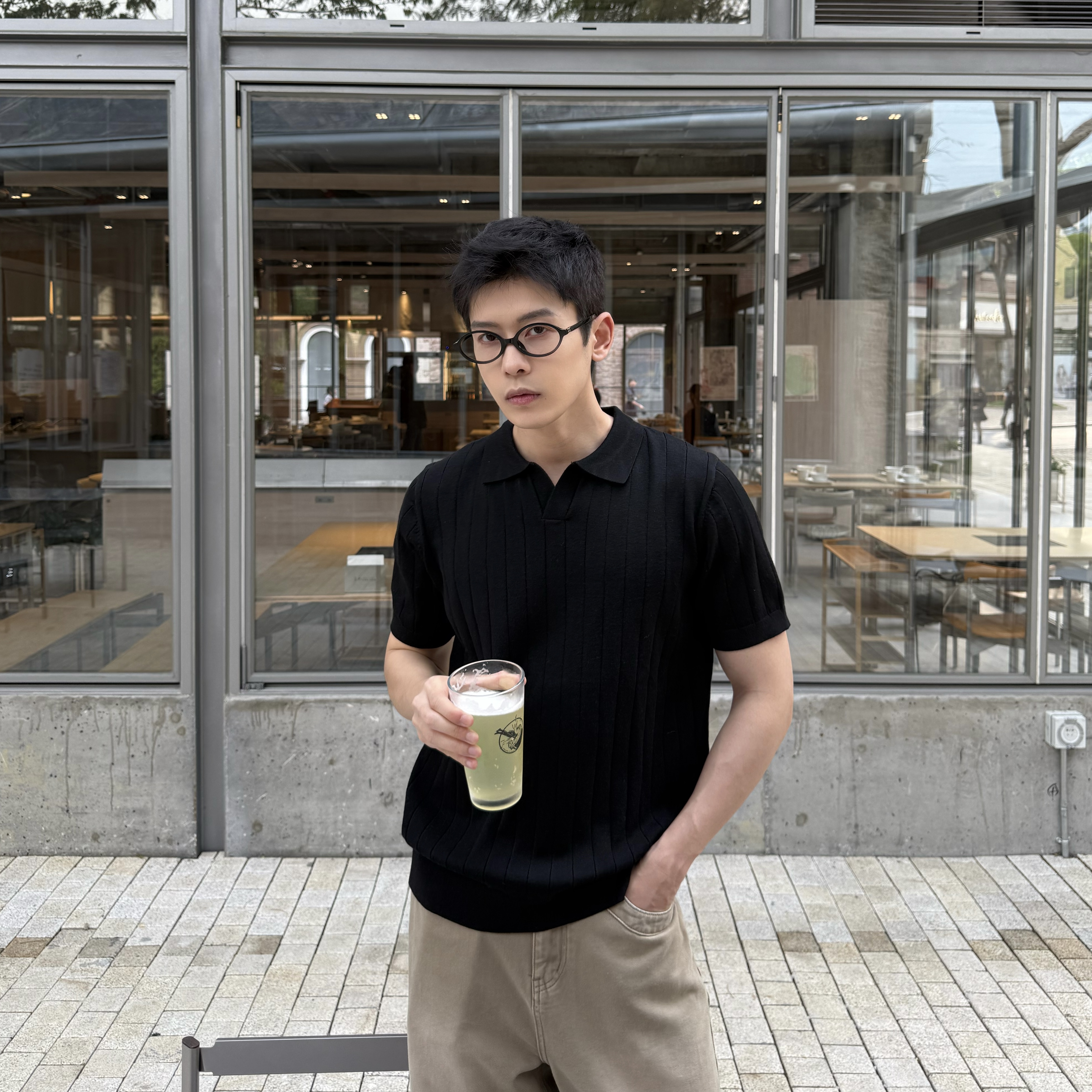 马克斯星球亨利领针织冰丝短袖