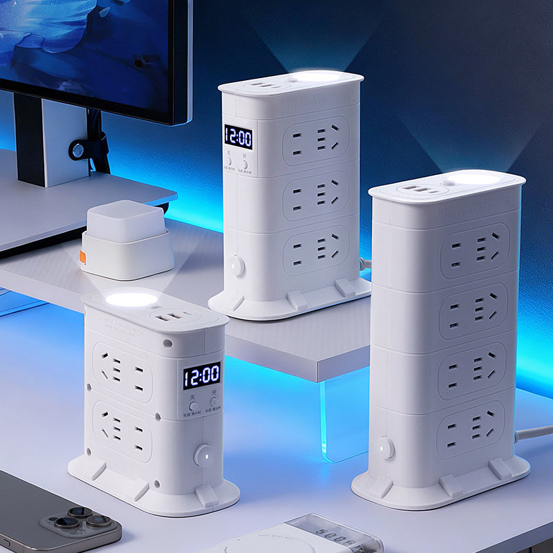 公正午纯铜立式插座带USB快充夜灯时钟接线板一转多位智能插排