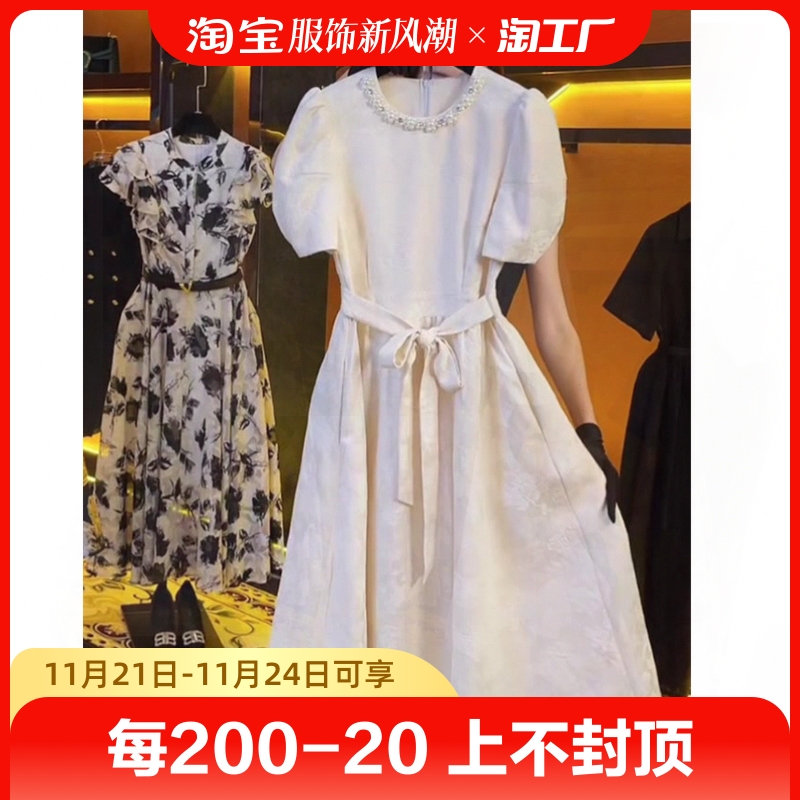 气质白色连衣裙夏季新款轻奢时尚法式设计感收腰系带圆领连衣裙女