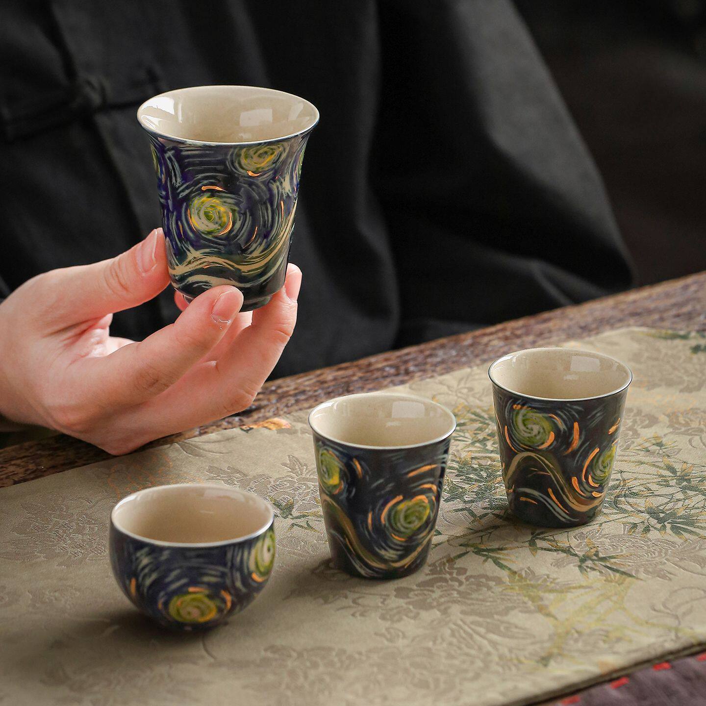 手绘油画星空品茗杯禅定杯创意陶瓷家用喝茶杯单杯功夫茶具主人杯