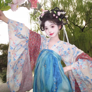 原创新款汉服女齐胸大袖襦裙春夏款国风青萝浅蓝色花色小唐风疏影