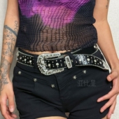 水钻腰带y2k铆钉女黑色高级感皮带晶钻十字架亮晶unclecm孟佳同款