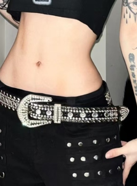 水钻腰带y2k辣妹皮带黑色朋克裤带配饰铆钉钻石美式白色宽高街女