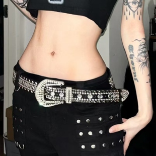 水钻腰带y2k辣妹皮带黑色朋克裤 白色宽高街女 带配饰铆钉钻石美式
