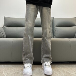 Yfffad水洗烟灰色弹力牛仔裤男春夏款做旧复古美式直筒裤男女同款