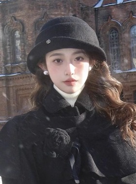 黑色赫本风羊毛千金帽子女士秋冬季英伦礼帽高级感保暖百搭马术