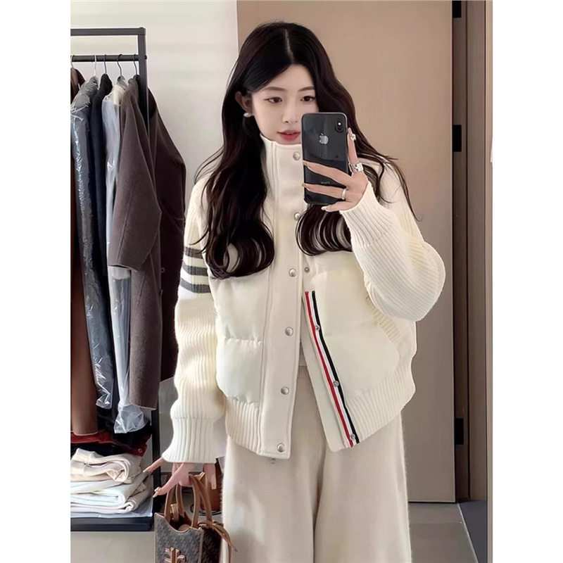 TB家轻薄白色90白鹅绒针织拼接羽绒服女2025秋冬新款短款立领外套