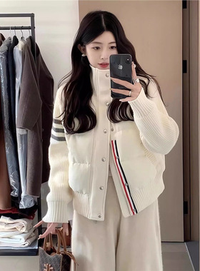 TB家轻薄白色90白鹅绒针织拼接羽绒服女2025秋冬新款短款立领外套