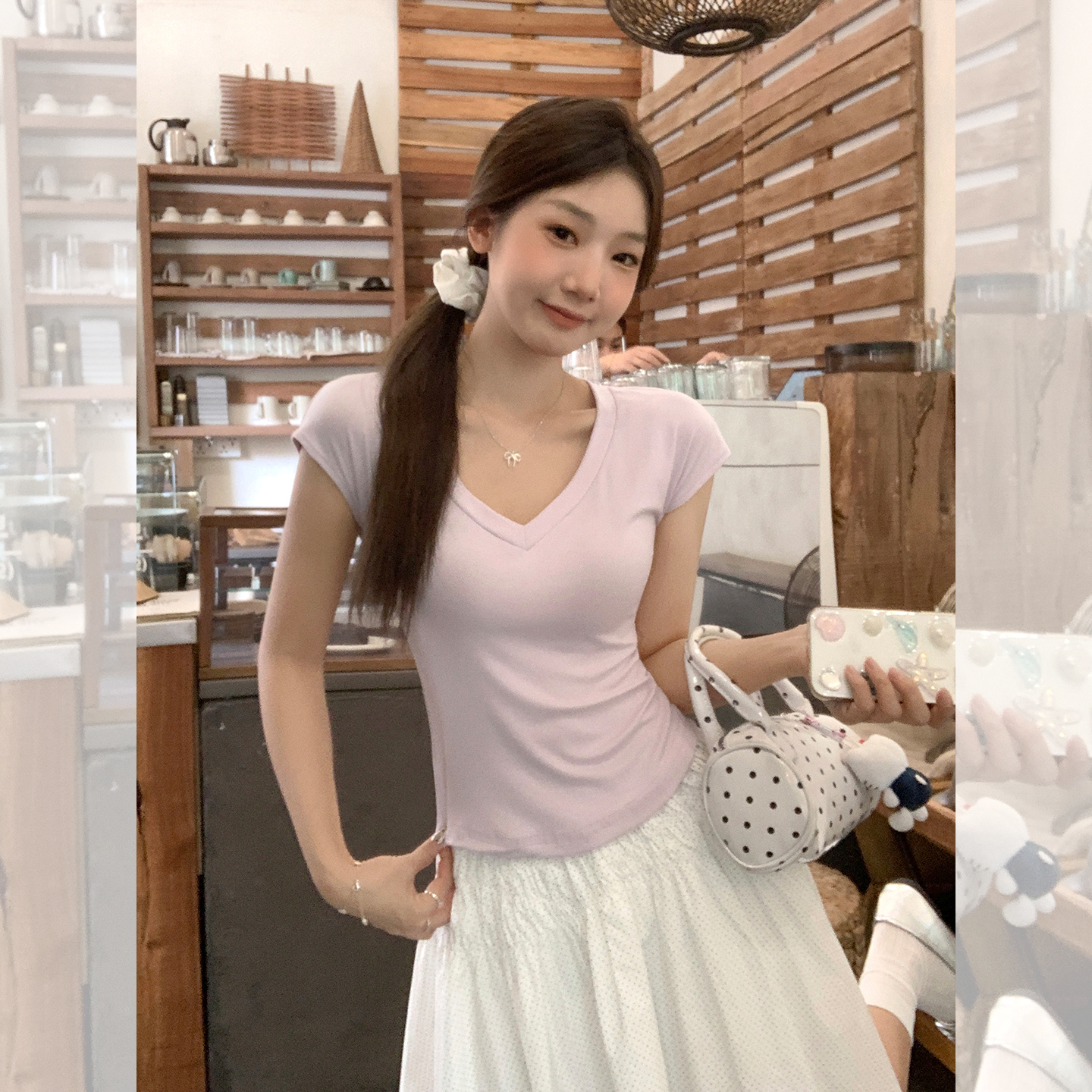 2025夏季新款V领正肩短袖T恤女高级感独特绝美掐腰小上衣