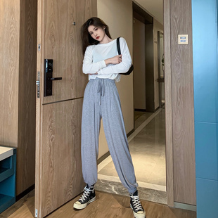 夏款港风黑色裤子百搭束脚裤莫代尔灯笼裤高腰垂感长裤潮