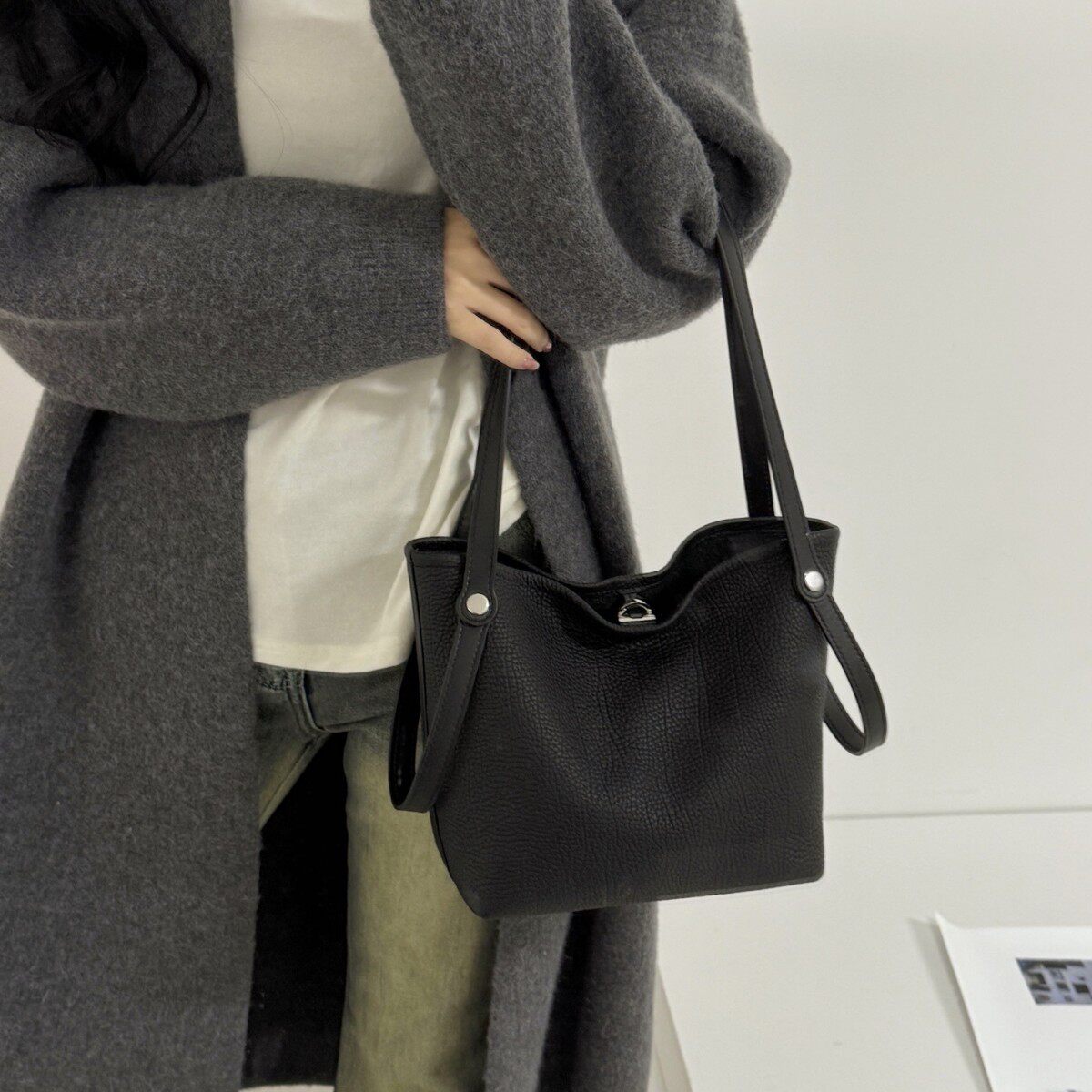 头层牛皮菜篮子大容量水桶包洋气托特包通勤单肩斜挎包真皮女包包