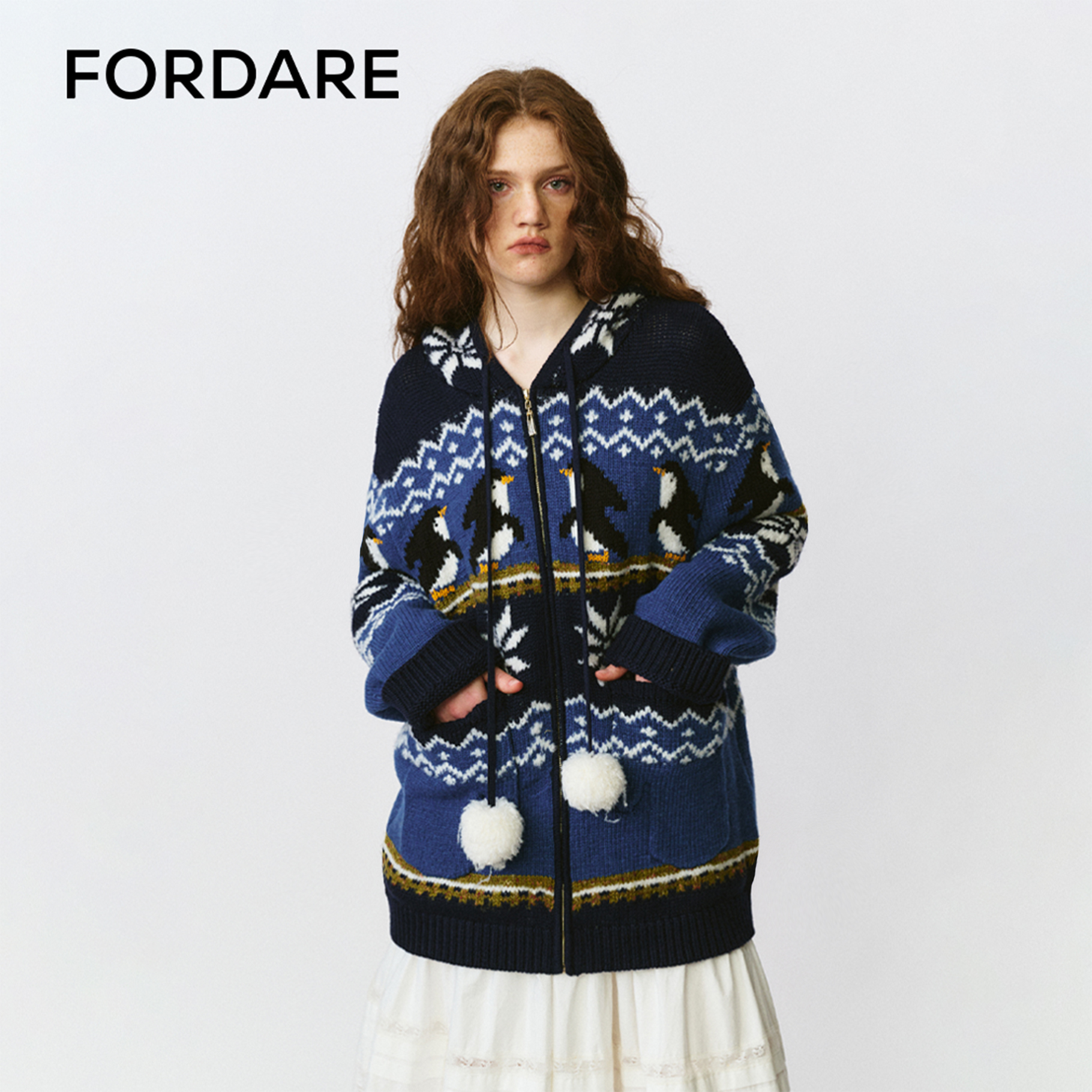 FORDARE/福蝶25秋冬企鹅雪花提花毛织外套