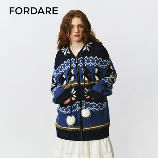 FORDARE 福蝶25秋冬企鹅雪花提花毛织外套