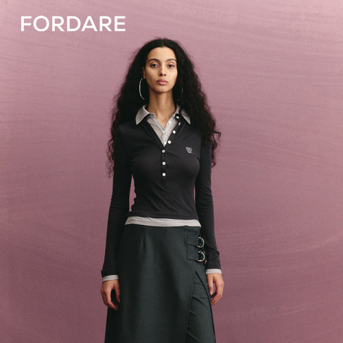 fordare修身假两件Polo打底衫