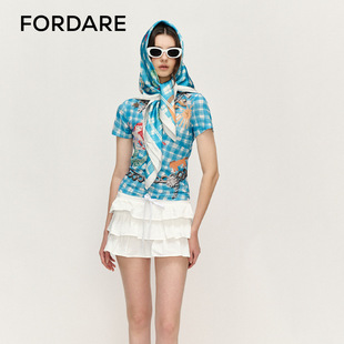 FORDARE/福蝶25春夏趣味手绘感格纹丝巾
