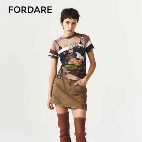 FORDARE/福蝶26春夏腰带抹胸3D感印花短袖T恤