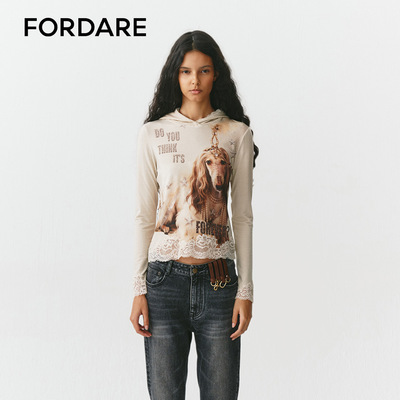 FORDARE/福蝶26早秋慵懒注视蕾丝拼接连帽衫