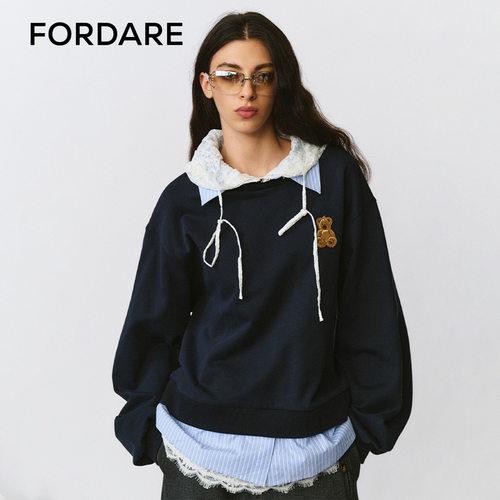 FORDARE/福蝶25早秋解构假两件蕾丝拼接卫衣