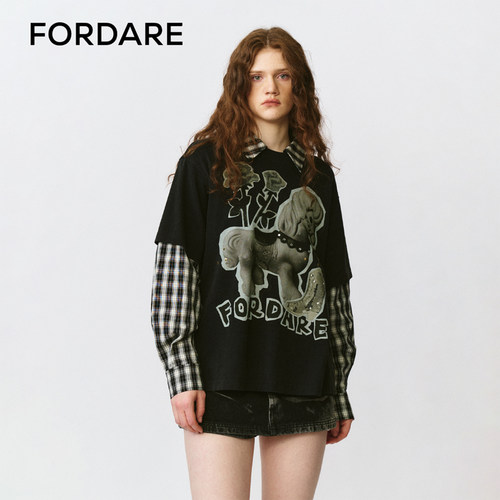 FORDARE福蝶25秋冬黑色假两件陶瓷小马洗水T恤