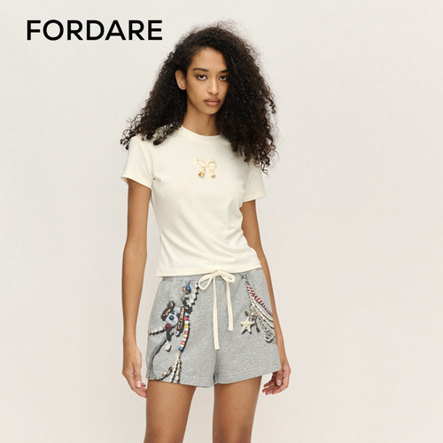 FORDARE/福蝶25春夏新款白色百搭蝴蝶珠片LOGO女士上衣短T恤
