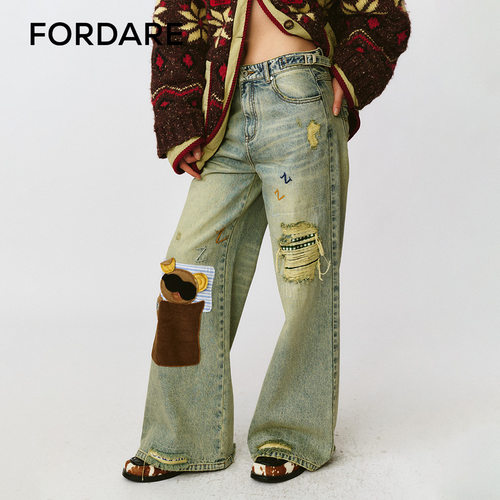 FORDARE/福蝶25早秋呼呼大睡小熊贴布复古感牛仔裤