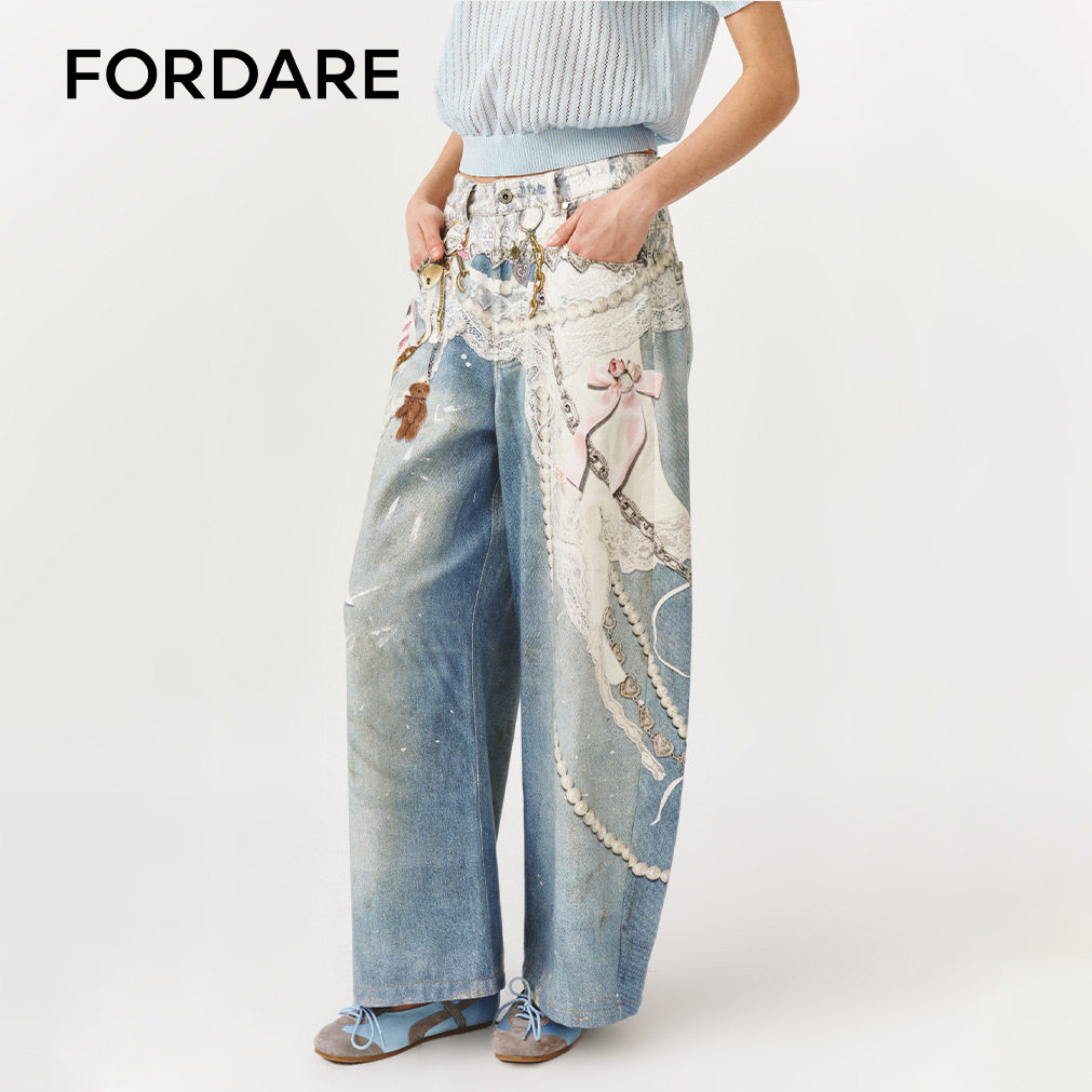 FORDARE/福蝶26春夏蕾丝链条3D感印花牛仔长裤中裤