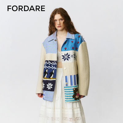 FORDARE/福蝶25秋冬毛织色块拼接羊羔绒棉服外套